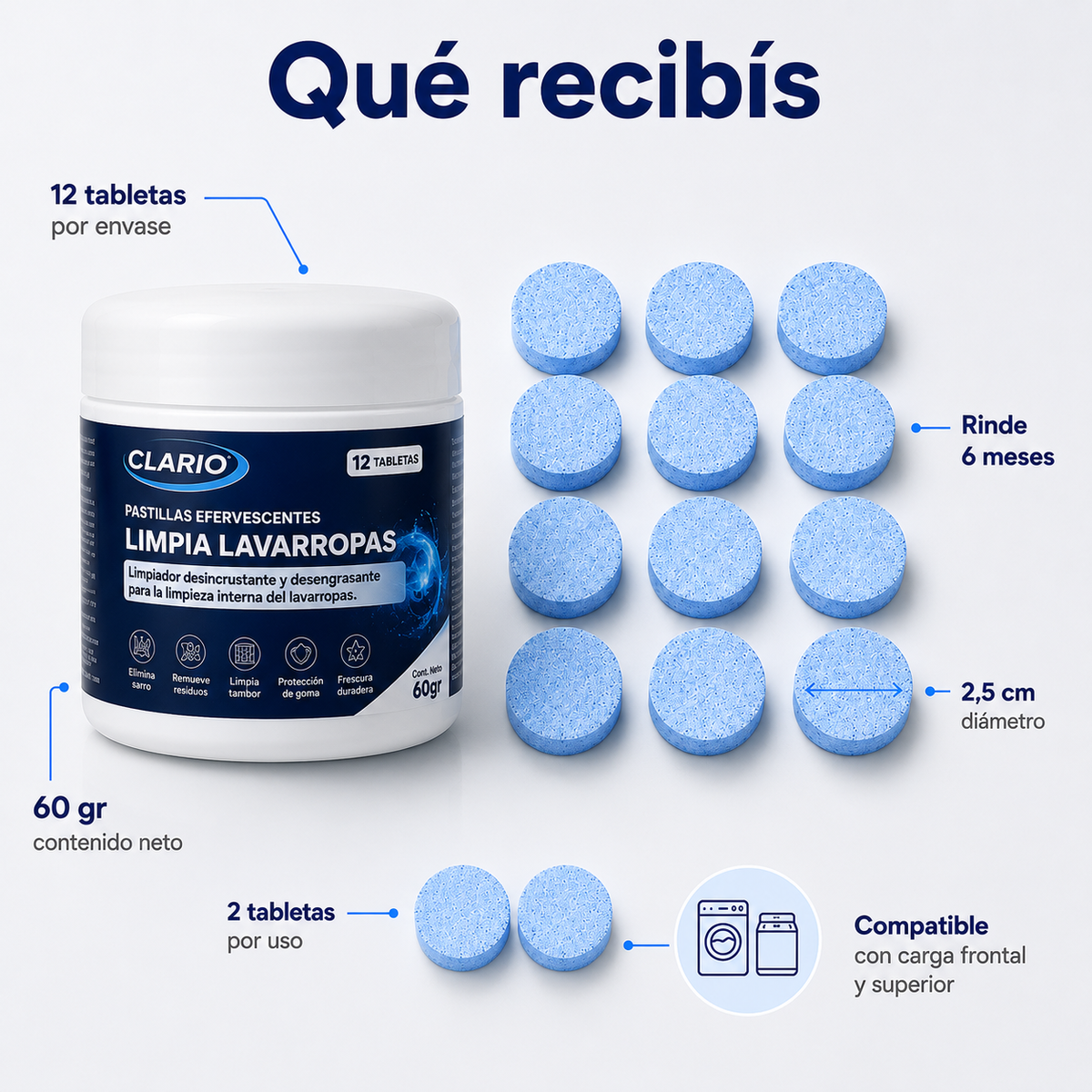 Pastillas Limpia Lavarropas CLARIO 12u Elimina Malos Olores