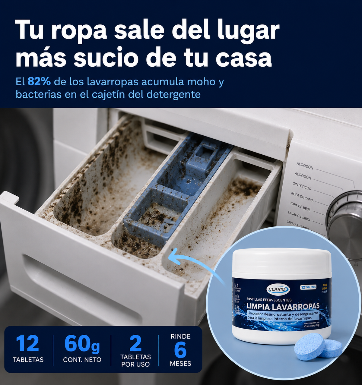Pastillas Limpia Lavarropas CLARIO 12u Elimina Malos Olores