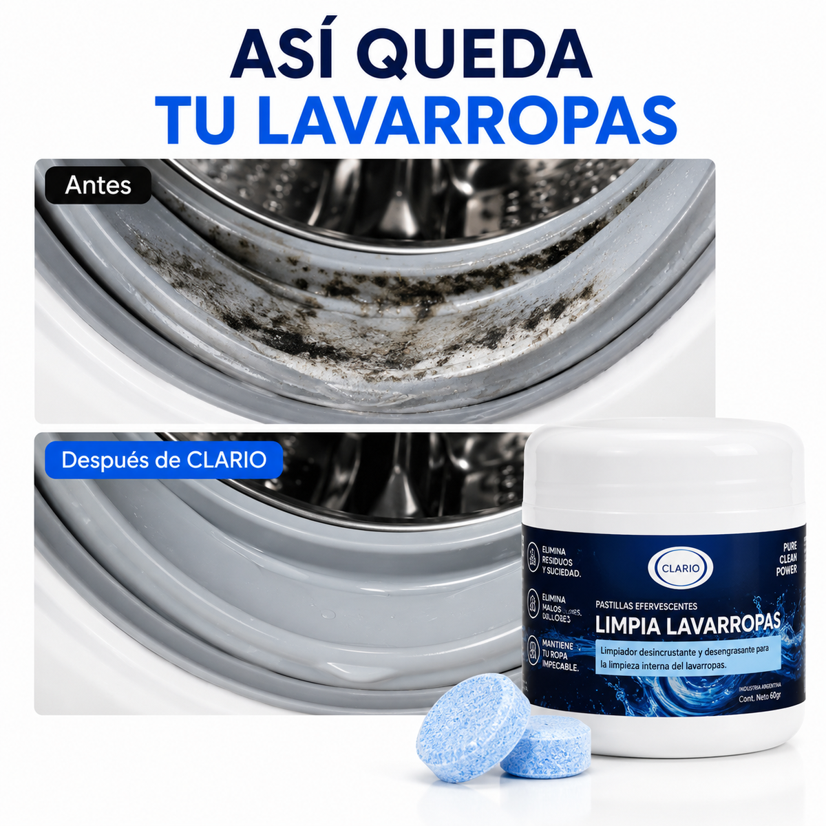 Pastillas Limpia Lavarropas CLARIO 12u Elimina Malos Olores